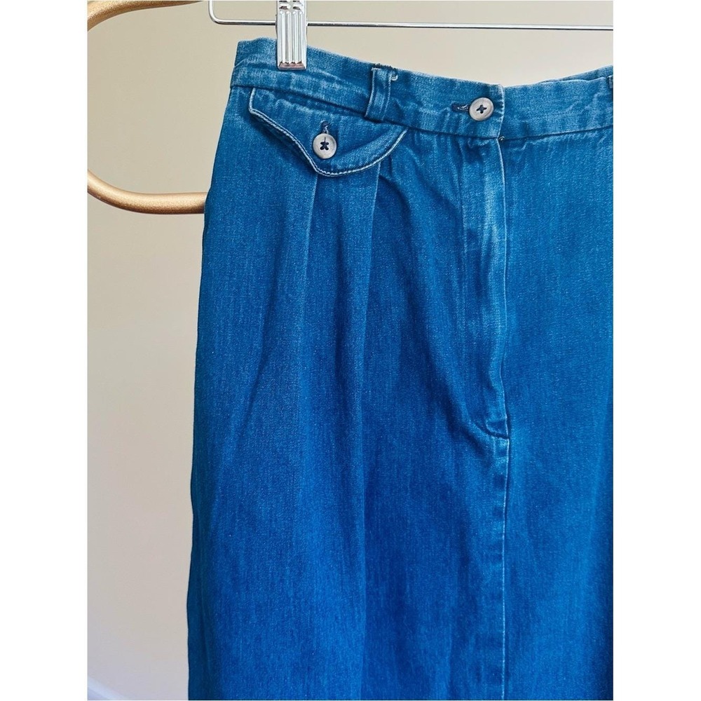 Vintage Lands End Denim Midi Skirt Blue Cotton Pleated High Waist Made in USA - Picture 3 of 7